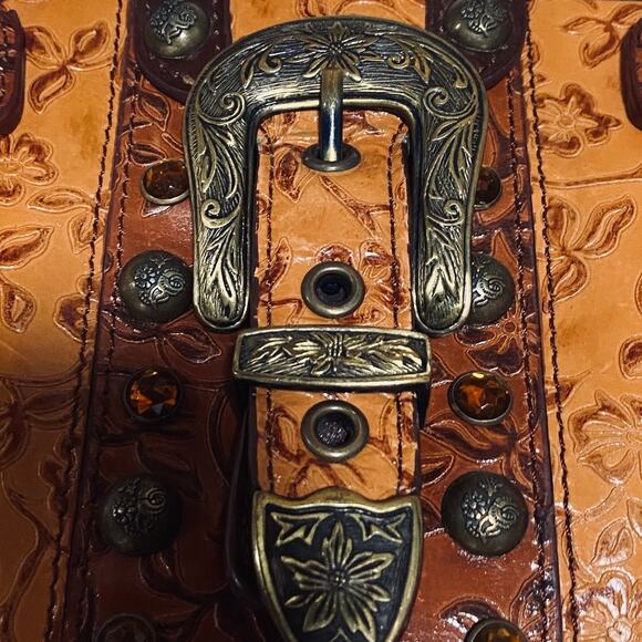 Vintage Western Leather Bag Top Handle Front Buckle Floral Embossed Tan Brown - Picture 4 of 14